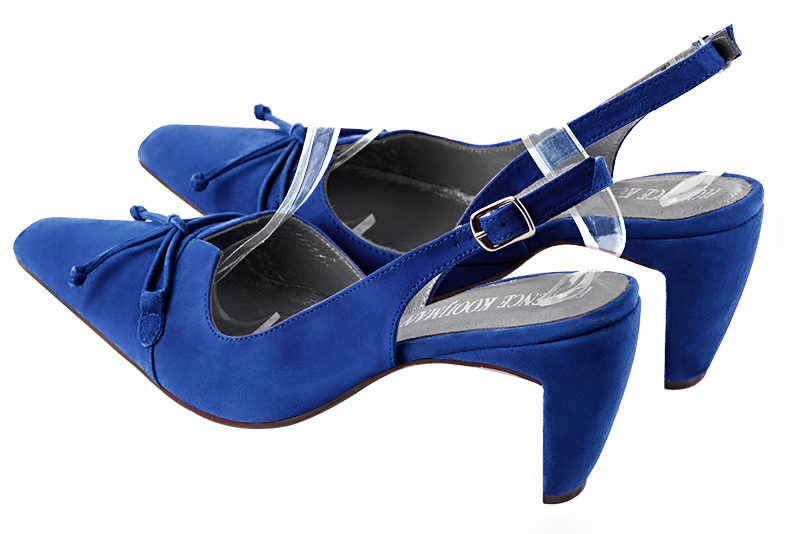 Electric blue women's open back shoes, with a knot. Tapered toe. High comma heels. Rear view - Florence KOOIJMAN
